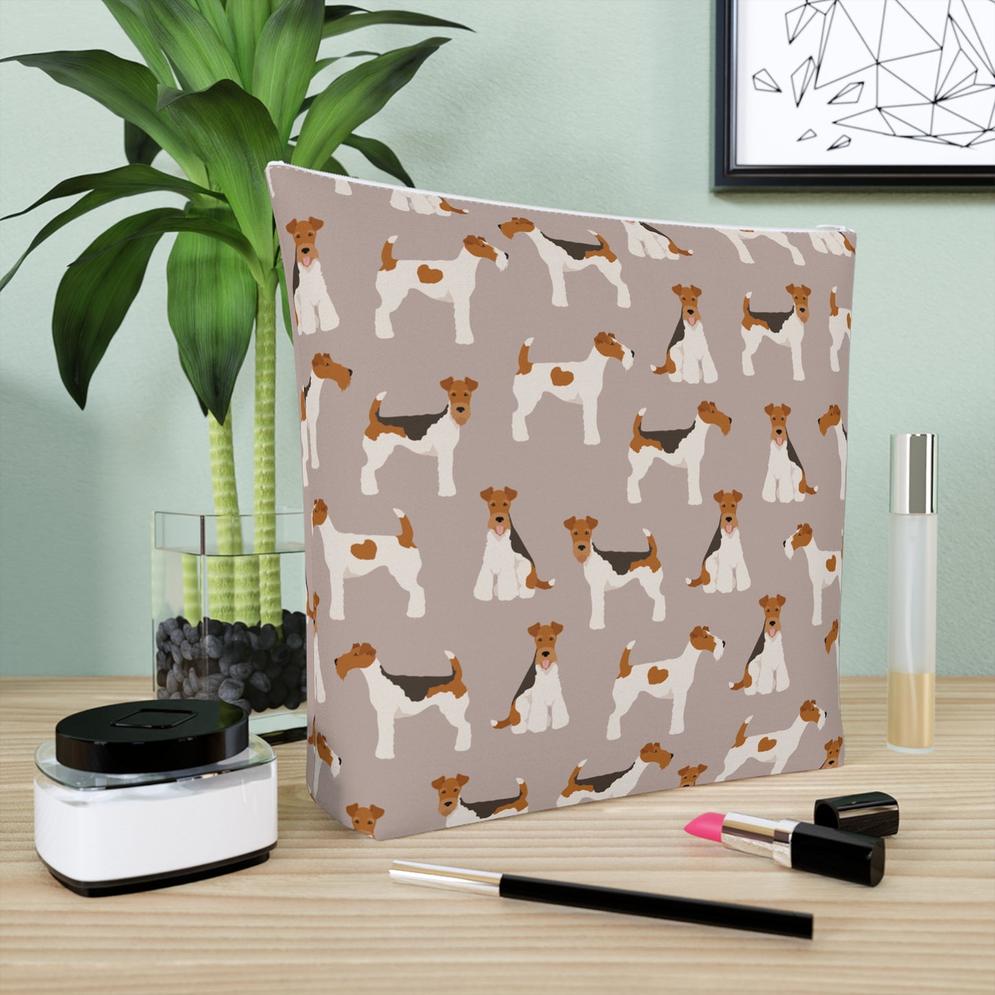 Adorable Wire Fox Terrier Patterned Cotton Cosmetic Bag - Perfect Gift for Pet Lovers