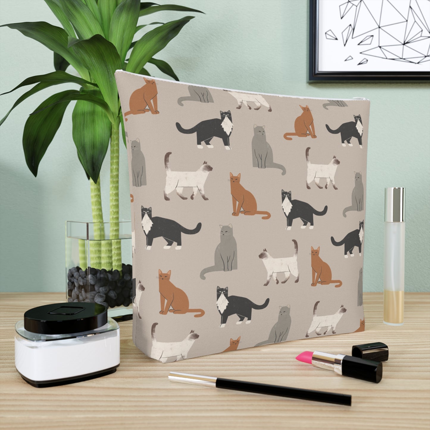 Cute Cubist Cat Print Cotton Cosmetic Bag - Pet Lover Gift