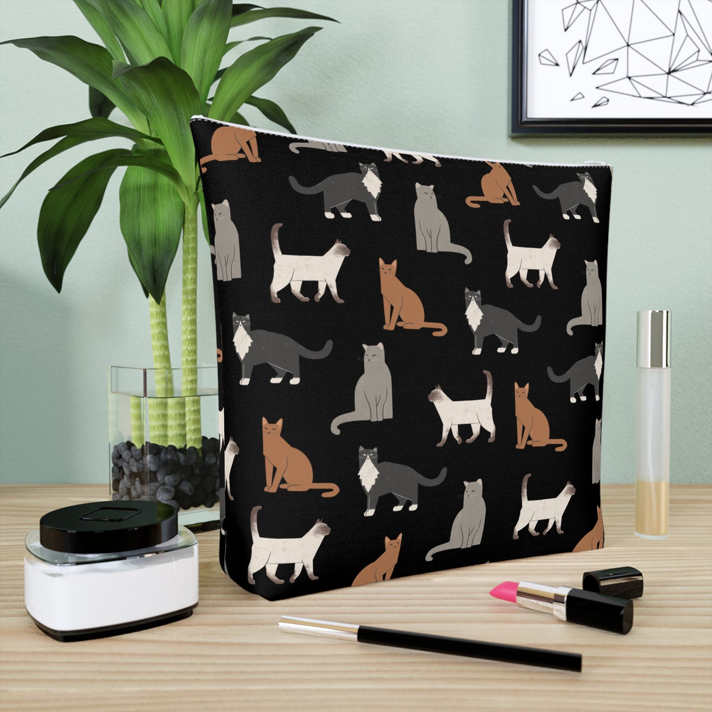 Cute Cubist Cat Print Cotton Cosmetic Bag - Pet Lover Gift