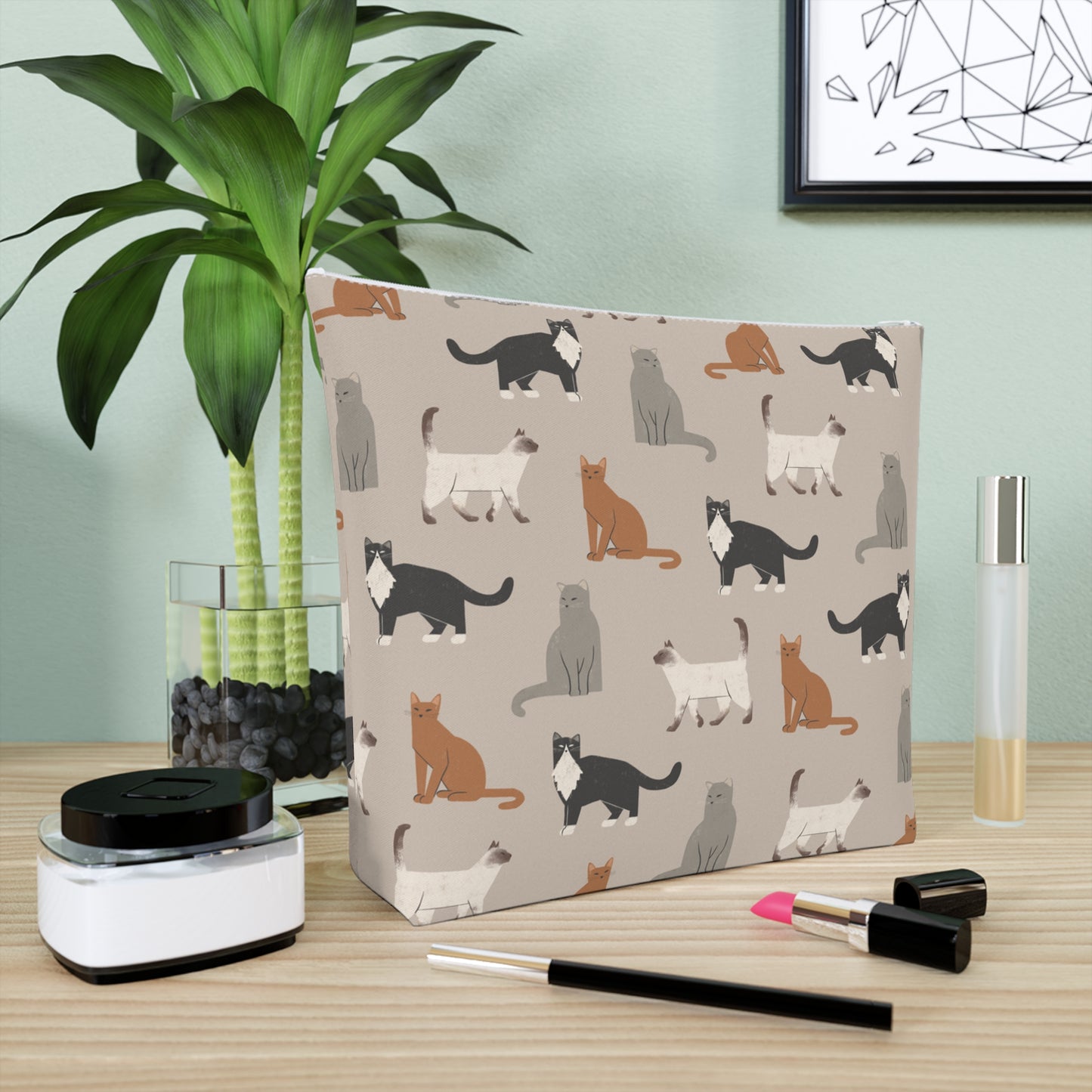 Cute Cubist Cat Print Cotton Cosmetic Bag - Pet Lover Gift